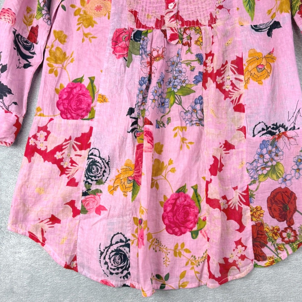 Vintage Goa Womens S Pink Floral Tunic Pintuck Cotton Boho Patchwork Top Rolltab - Picture 12 of 13
